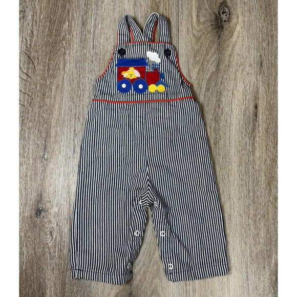 Vintage Health Tex Overalls Kids 12 Mo Train Blue Striped Golden Puppy 80s USA - Picture 4 of 11